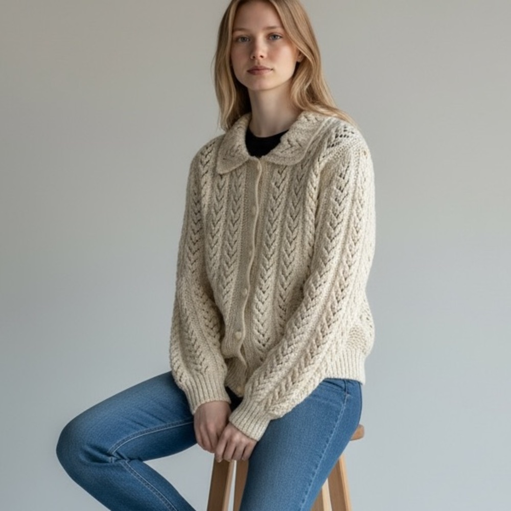 Hand Crochet Collared Button Front Cardigan - Picture 2 of 13